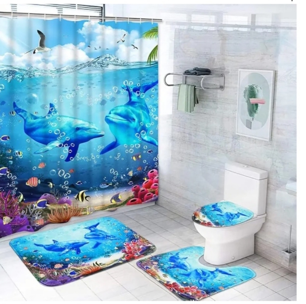 Shower Curtain Set. New. Vibrant Ocean-Themed. Memory Foam, Nonslip 16pcs